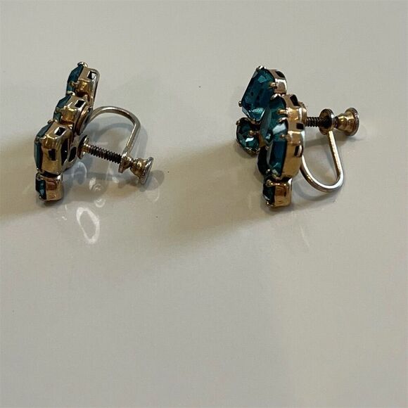 Vintage Teal Blue Rhinestone Screw Back Clip On Stud Dangle‎ Earrings - Picture 5 of 10